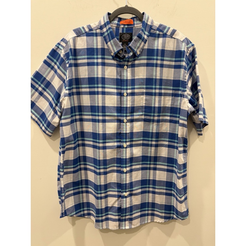 St. John's Bay Performance Plaid Button-Up Shirt Blue Green XL Comfort Stretch